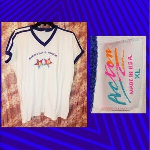 Acton brand Starsky & Hutch White Navy Blue Trim Knit Ringer Shirt Sz XL 90s 70s